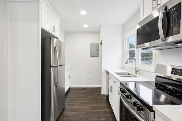 kitchen with sink, white cabinetry, stainless steel appliances, electric panel, and dark hardwood / wood-style flooring