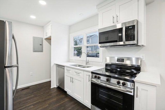 kitchen with dark wood-type flooring, sink, appliances with stainless steel finishes, electric panel, and white cabinets