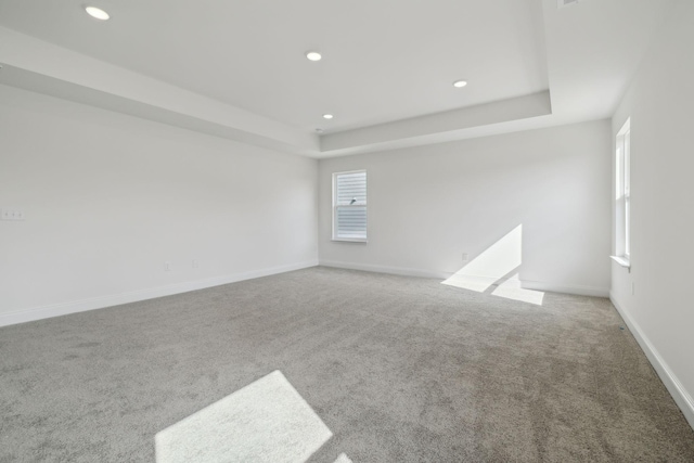 carpeted spare room featuring a tray ceiling