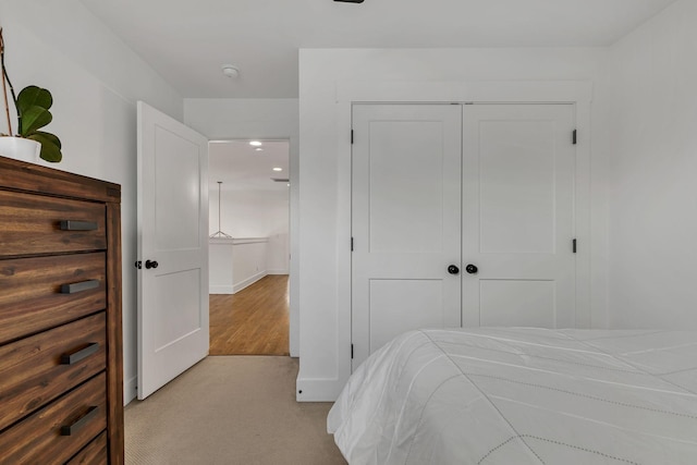 bedroom featuring light colored carpet and a closet