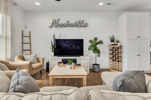 living room with dark hardwood / wood-style flooring