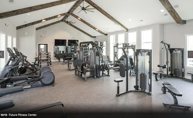 workout area featuring high vaulted ceiling and ceiling fan