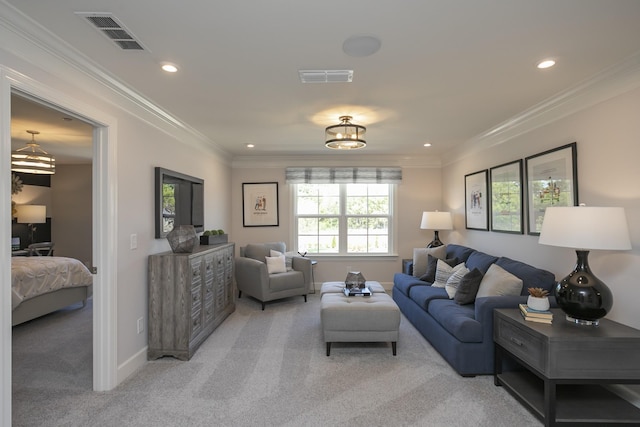 living room featuring ornamental molding and light carpet