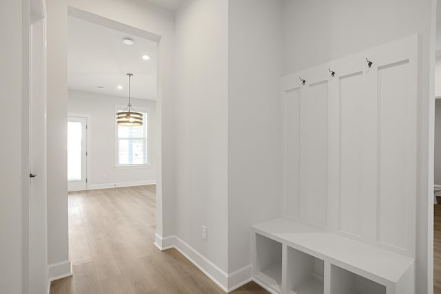 mudroom with light hardwood / wood-style flooring