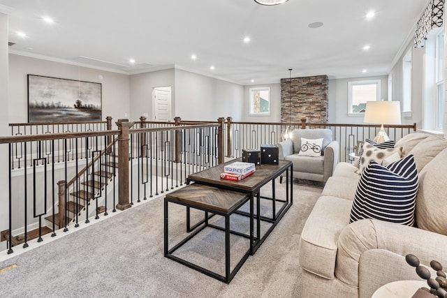 living room featuring crown molding and light colored carpet