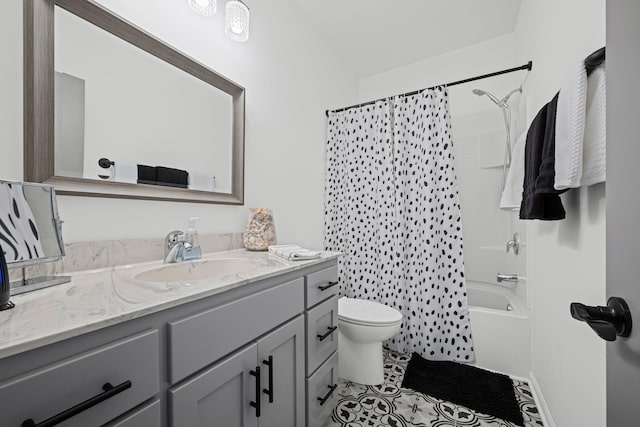 full bathroom with vanity, shower / bath combination with curtain, tile patterned floors, and toilet