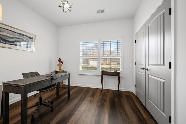 office area with dark hardwood / wood-style floors