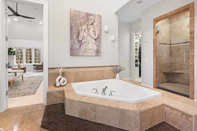 bathroom with independent shower and bath, tile patterned flooring, and ceiling fan