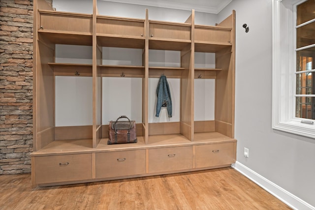 mudroom featuring crown molding and light hardwood / wood-style flooring