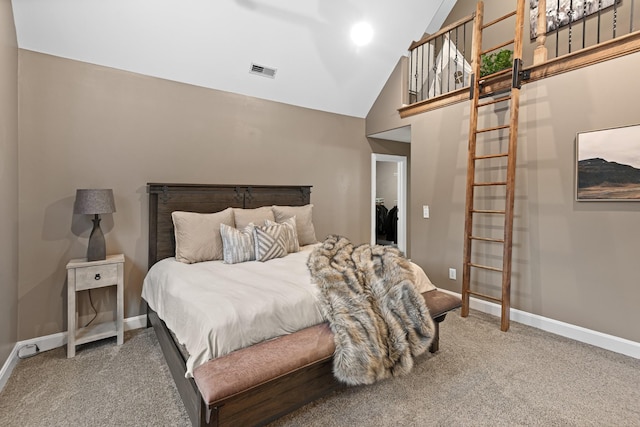 bedroom featuring carpet flooring and high vaulted ceiling