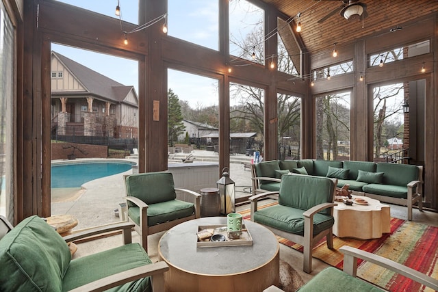 sunroom with wood ceiling