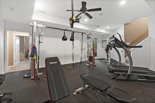 workout area with ceiling fan