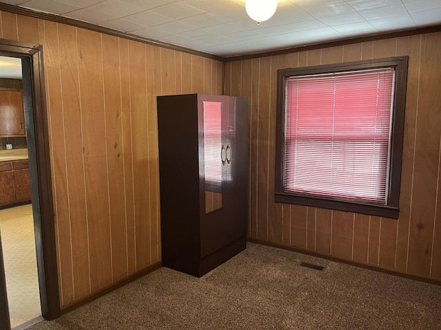 carpeted spare room featuring ornamental molding and wood walls