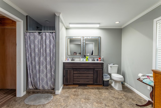 bathroom with vanity, curtained shower, ornamental molding, and toilet