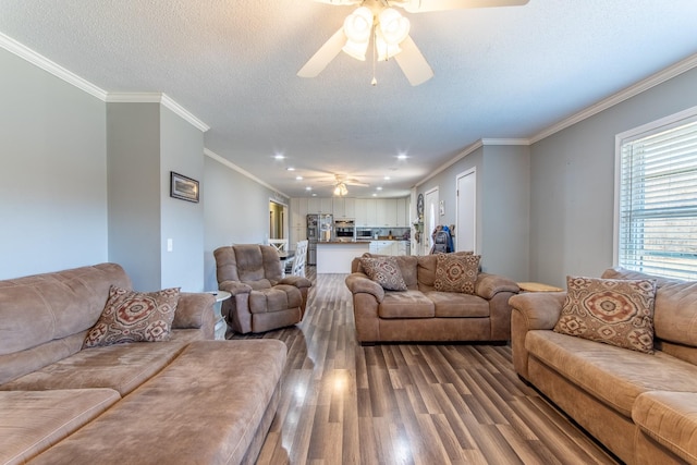 living room with hardwood / wood-style floors, a textured ceiling, ornamental molding, and ceiling fan