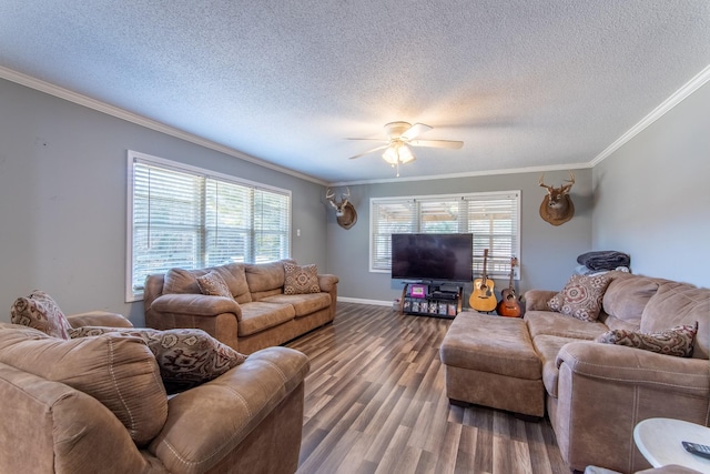 living room with hardwood / wood-style flooring, crown molding, and a healthy amount of sunlight