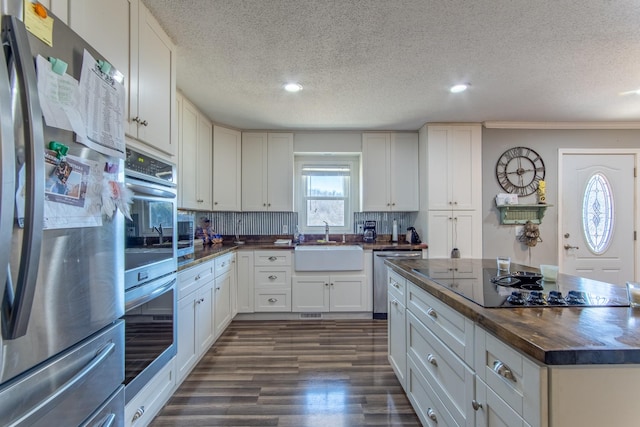 kitchen featuring sink, dark wood-type flooring, appliances with stainless steel finishes, white cabinetry, and decorative backsplash