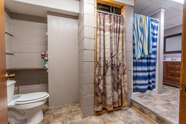 bathroom with walk in shower, toilet, and sink