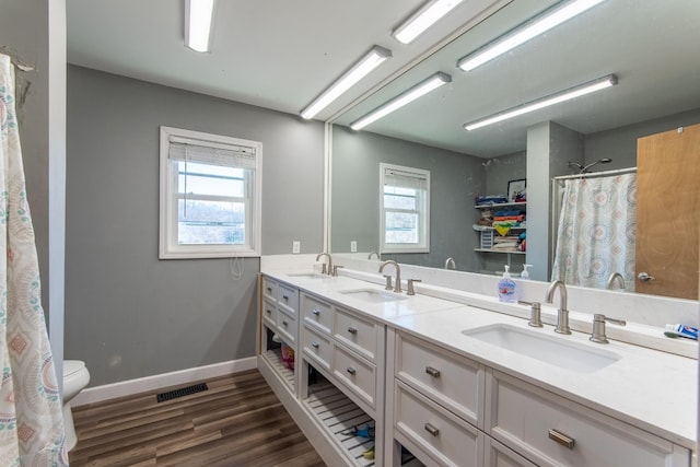 bathroom featuring hardwood / wood-style flooring, vanity, and toilet