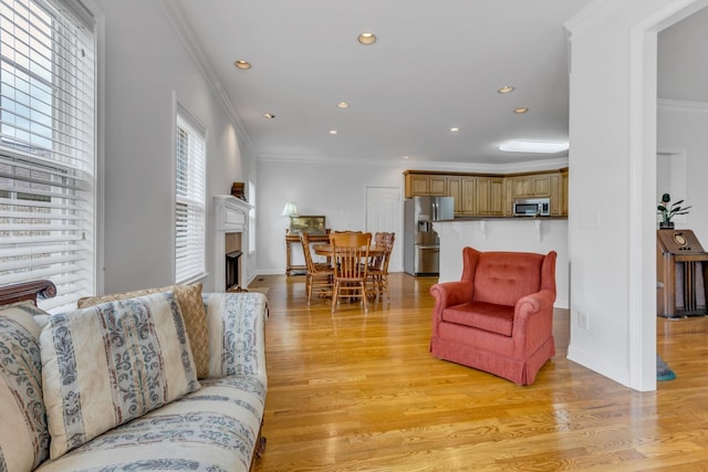 living room featuring ornamental molding and light hardwood / wood-style floors