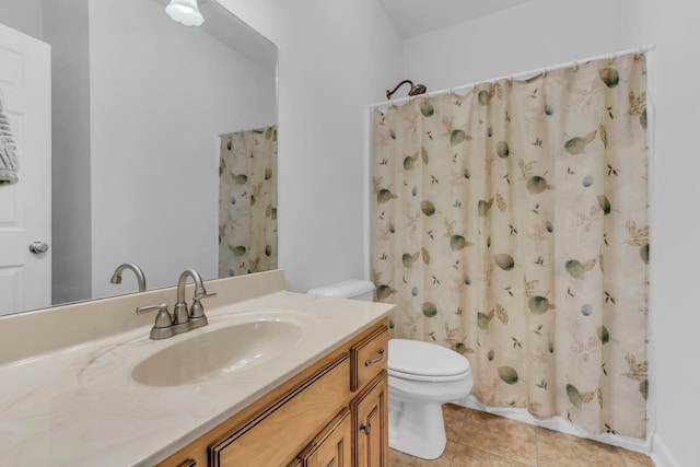 bathroom featuring tile patterned flooring, vanity, toilet, and a shower with curtain