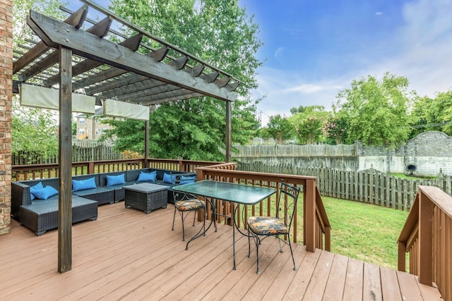 deck with an outdoor living space, a water view, a yard, and a pergola