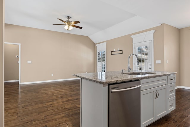 kitchen with sink, white cabinetry, dark hardwood / wood-style flooring, dishwasher, and a kitchen island with sink