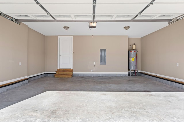 garage featuring a garage door opener, electric water heater, and electric panel