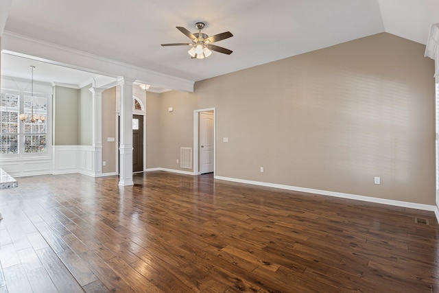 unfurnished room featuring lofted ceiling, decorative columns, crown molding, dark hardwood / wood-style floors, and ceiling fan with notable chandelier