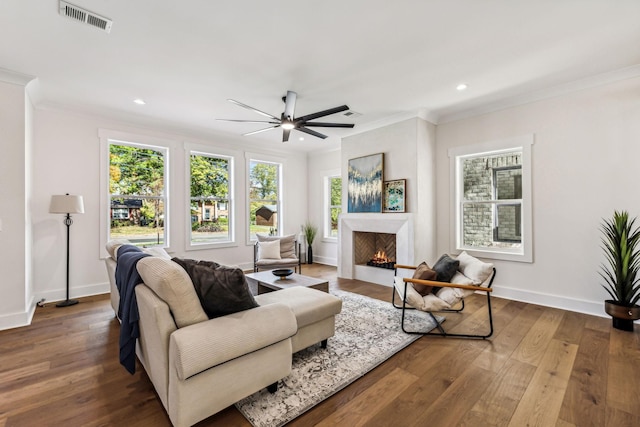 living room featuring crown molding, ceiling fan, and wood-type flooring