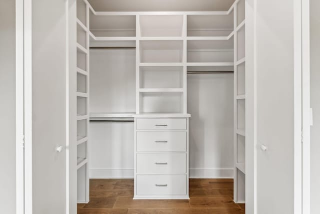 walk in closet with dark hardwood / wood-style flooring