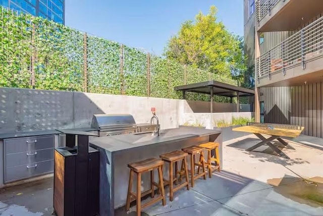 view of patio / terrace with an outdoor kitchen, a grill, and a wet bar