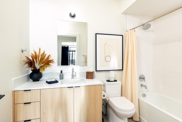 full bathroom with vanity, shower / bath combination with curtain, and toilet