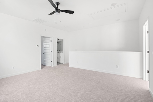 empty room with light carpet and ceiling fan