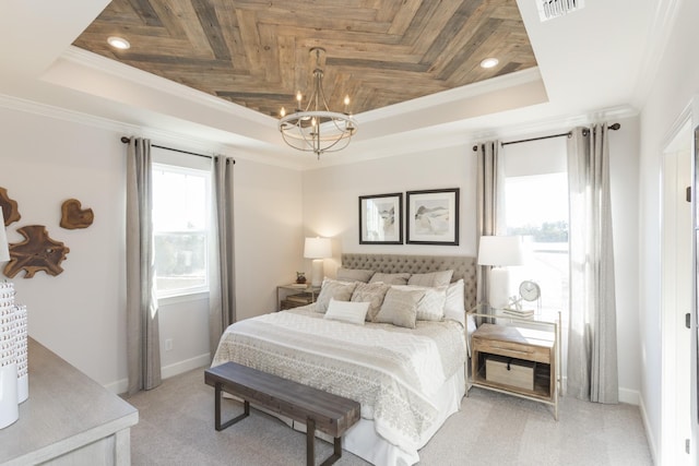 carpeted bedroom with crown molding, a tray ceiling, wooden ceiling, and a chandelier