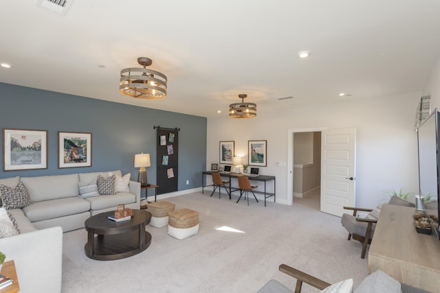 living room featuring light carpet