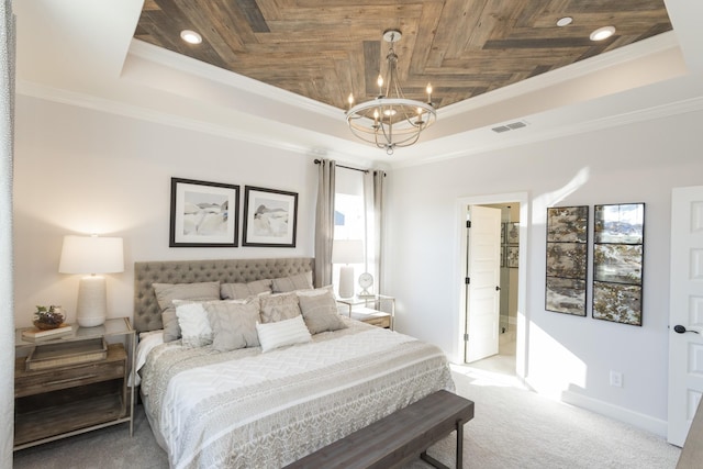 carpeted bedroom featuring a tray ceiling, ornamental molding, and wooden ceiling