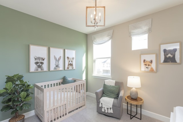 carpeted bedroom with a crib