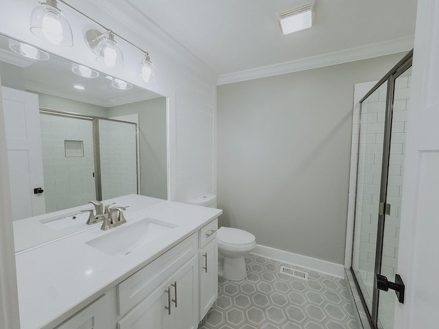 bathroom featuring ornamental molding, toilet, vanity, and walk in shower