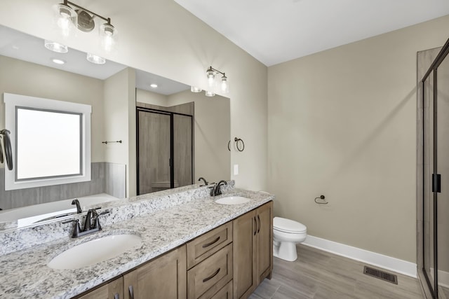 bathroom with vanity, wood-type flooring, a shower with door, and toilet