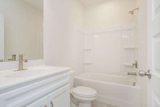 full bathroom with vanity, bathtub / shower combination, tile patterned floors, and toilet