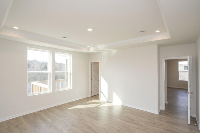 empty room featuring crown molding, a tray ceiling, and light wood-type flooring