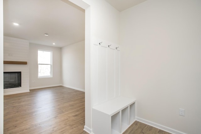 mudroom with a large fireplace and wood-type flooring