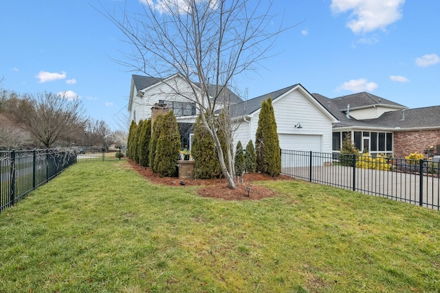 view of property exterior featuring a garage and a lawn