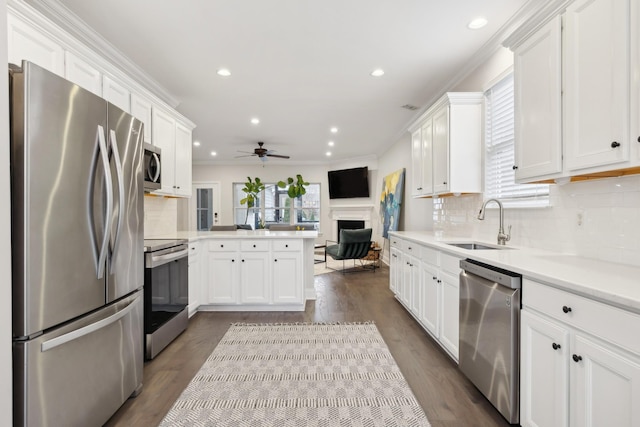 kitchen featuring sink, appliances with stainless steel finishes, white cabinetry, ornamental molding, and kitchen peninsula