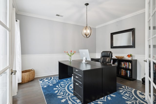 home office featuring crown molding, dark wood-type flooring, french doors, and a chandelier