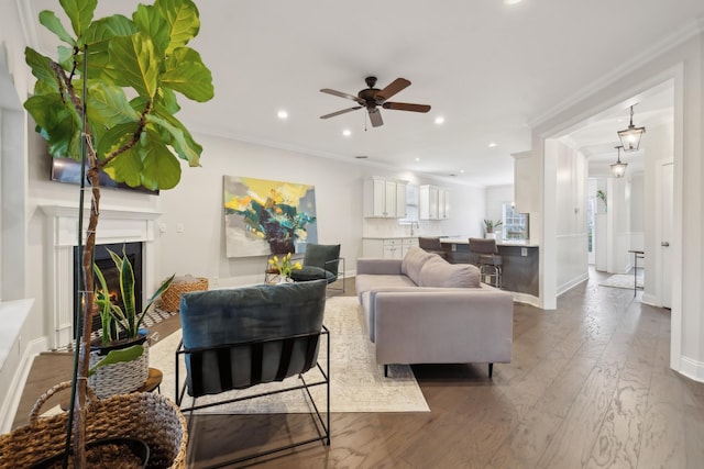 living room with crown molding, dark hardwood / wood-style flooring, and sink