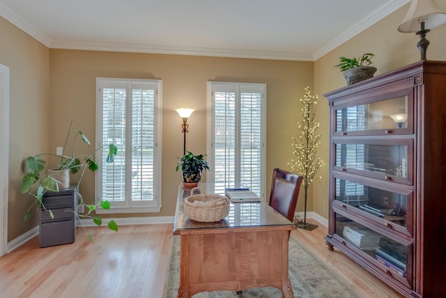 office space featuring ornamental molding, light hardwood / wood-style floors, and a wealth of natural light