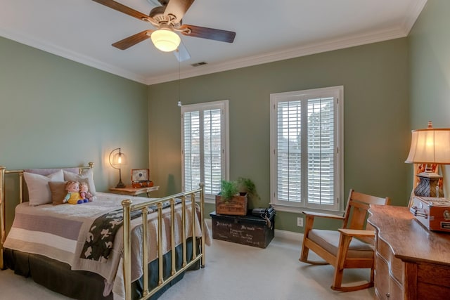 bedroom featuring multiple windows, ornamental molding, and carpet