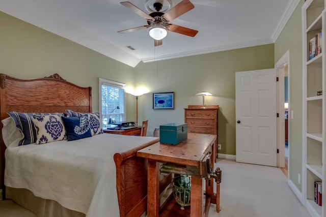 carpeted bedroom featuring ceiling fan, ornamental molding, and vaulted ceiling